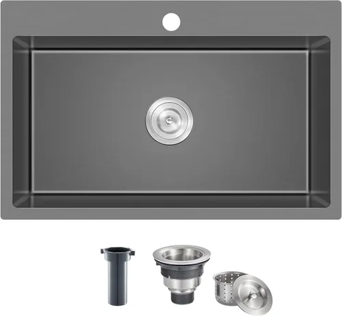 Vista 10 de Fregadero de barra empotrable de 13 × 15 pulgadas negro - Fregadero de cocina pequeño de montaje superior de un solo cuenco, hecho a mano de acero