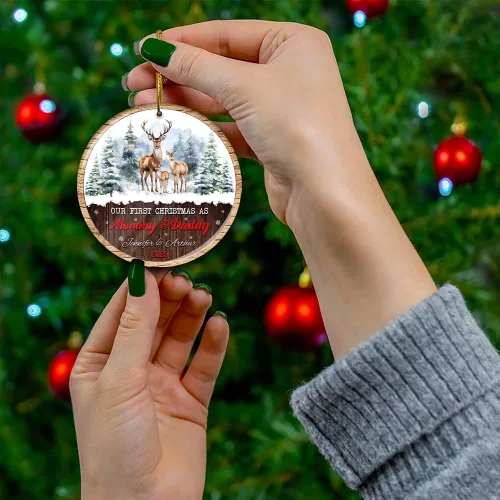 Vista 16 de Adorno personalizado para la primera Navidad del bebé 2025 con nombre personalizado, lindo oso en la luna, adornos redondos, regalo de primer