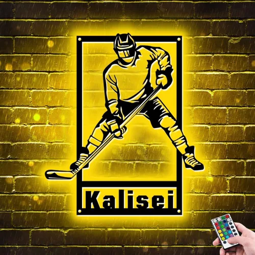 Vista 12 de Letrero de metal personalizado para jugador de hockey con luz LED, nombre personalizado y número, arte de pared de hockey, letrero de neón