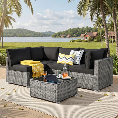 Vista 47 de ovios Juego de muebles de patio al aire libre de 5 piezas con mesa de café, conjunto seccional de muebles de patio con sofá de mimbre para todo tipo