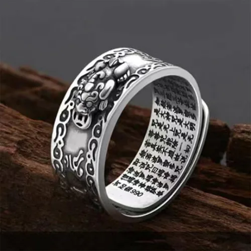 Vista 2 de DIOWUS Feng Shui Pixiu Mantra anillo ajustable vintage anillos para hombres budistas buena suerte amuleto mantra doble protección riqueza amor salud
