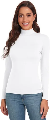Vista 2 de ACIEMR Camisetas de manga larga con cuello alto falso para mujer, ajustadas, básicas, para mujer