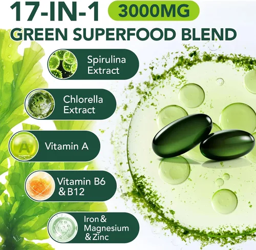 Vista 6 de Cápsulas de Clorella de Espirulina Orgánica,Suplemento sin OMG y sin gluten,300 cápsulas blandas