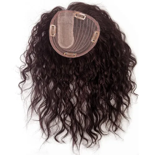 Vista 2 de Peluca de cabello humano rizado natural para mujer, con clip, 5.1 x 5.5 in, parte superior plateada, parte derecha para cubrir la pérdida de Marrón