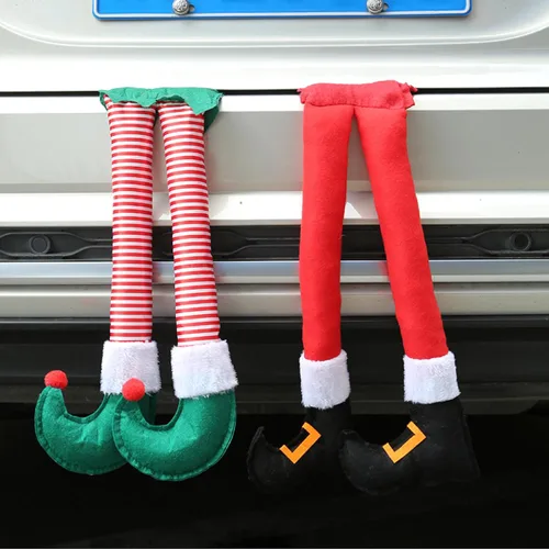 Vista 7 de Gunhunt Pack-1 piernas de elfo de Santa, colgante para maletero del auto, decoraciones navideñas de felpa, se sujeta con clip en el maletero o árbol