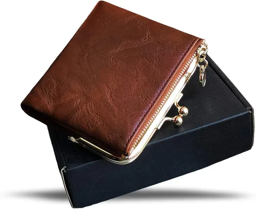 Vista 7 de AOXONEL Cartera pequeña Rfid para mujer, compacta, plegable, de cuero, vintage, con cremallera y cierre de beso, Vintage