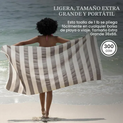 Vista 2 de Toalla de playa turca ligera, 100% algodón BCI, flecos crudos sin blanquear, certificado Oeko-TEX, absorbente, respetuosa con el medio ambiente, 36
