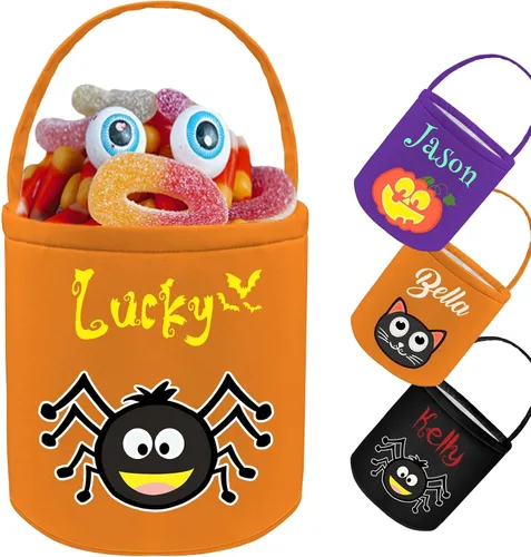 Vista 12 de Cubo de Halloween personalizado con nombre personalizado para trucos o tratos, bolsa de dulces personalizada para niños, bolsas de lona grandes