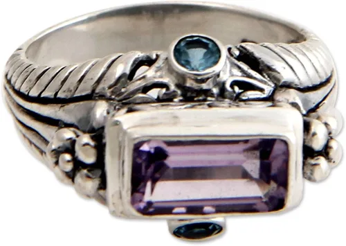 Vista 2 de NOVICA Amatista Anillo rectangular de plata de ley 925 con diseño de templo de mar