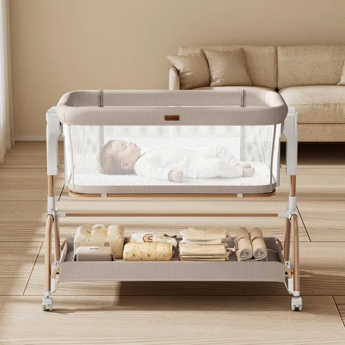 Vista 8 de NeoBorn Cuna de 3 en 1 para bebé, cuna junto a la cama para bebé, cuna mecedora con malla transpirable completa, colchón y sábana suave, altura