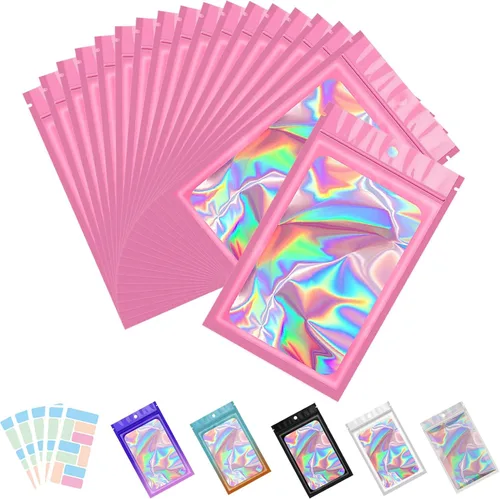 Vista 15 de Paquete de 100 bolsas de Mylar con ventana transparente, holográficas, a prueba de olores, para pequeñas empresas, bolsas resellables