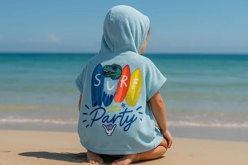 Vista 2 de Toalla de poncho de playa con capucha para niños, 100% algodón turco en el interior y microfibra de secado rápido en el exterior - Suave