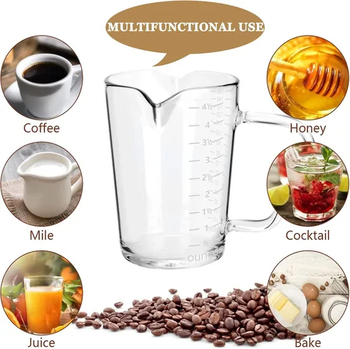 Vista 7 de Taza medidora de vidrio de 4 1/2 onzas con doble boquilla para café expreso, vaso graduado con mango aislado, jarra triple de escala transparente