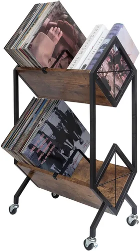 Vista 8 de SwaaVee Estante de almacenamiento de discos de vinilo con ruedas, soporte de discos de vinilo de 2 niveles 160-200 LP con divisores, estilo retro