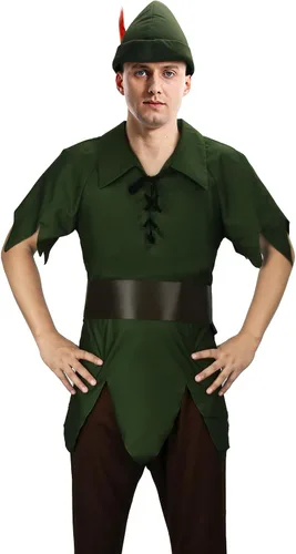 Vista 3 de Disfraz de Peter Pan para hombre adulto, blusa de vendaje de hojas verdes, sombreros de faja, trajes de cosplay de elfo, disfraz de Halloween
