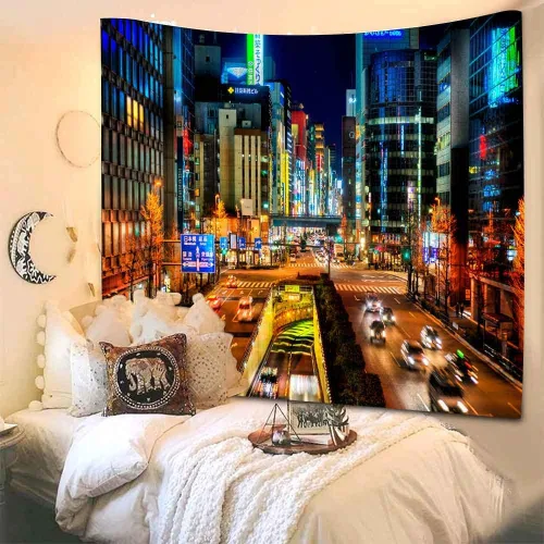 Vista 7 de Aidatain Tapiz de ciudad japonesa, paisaje urbano de Japón, tapiz de pared, tapiz de escena nocturna de Tokio, tamaño 84 x 90 pulgadas, tapices