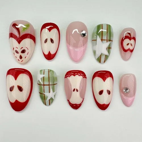 Vista 18 de Uñas postizas cortas en forma de almendra SWEKKE con punta francesa, uñas falsas con diseños de flores 3D en amarillo y rosa, uñas adhesivas