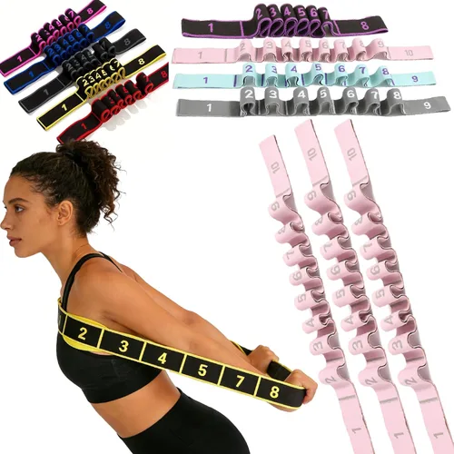Vista 19 de Banda de resistencia de fitness para estiramiento y yoga, banda de resistencia de yoga ajustable de 8 segmentos con asas para brazos, ejercicio