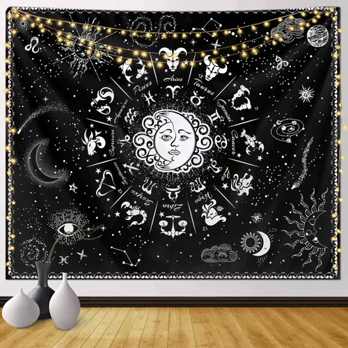 Vista 13 de Neapth Tapiz de sol para decoración de dormitorio y dormitorio, arte de pared blanco y negro, sol y luna, 59 x 59 pulgadas 1 Montaña del Sol