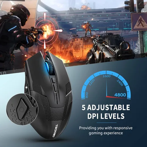 Vista 2 de TECKNET Mouse inalámbrico para juegos, mouse inalámbrico de computadora de 4800 DPI con 8 botones, mouse ergonómico de 2.4 GHz para PC y computadora