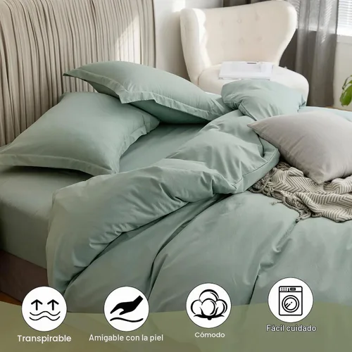 Vista 6 de VClife Juego de ropa de cama verde salvia, tamaño queen, microfibra lavada, funda de edredón verde con cierre de cremallera (sin edredón), ultra