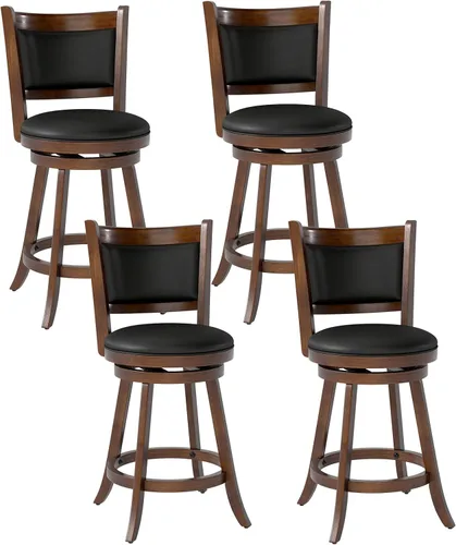 Vista 11 de COSTWAY Juego de 2 taburetes de bar, giratorios de 360 grados, taburete giratorio de madera con acento de altura, diseño tapizado de cuero, asiento