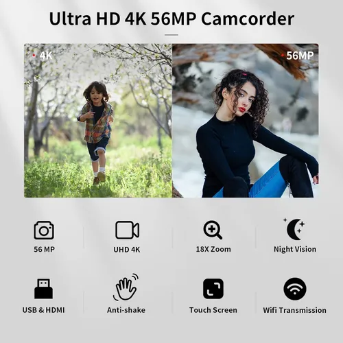 Vista 2 de Videocámara de video 4K de 56MP con micrófono, zoom 18X de 3.0 pulgadas, pantalla táctil IPS de mano, videocámara digital de mano, rotación de 270°