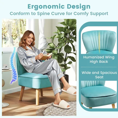 Vista 6 de KOMFOTT Silla decorativa de terciopelo, moderna silla de sofá sin brazos con patas de madera de goma maciza, silla de ocio con respaldo de ala