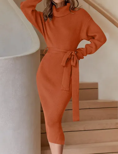 Vista 59 de ZESICA - Vestido por debajo de la rodilla de suéter, de cuello alto, para mujer, de manga larga, de punto acanalado, con abertura y cinturón