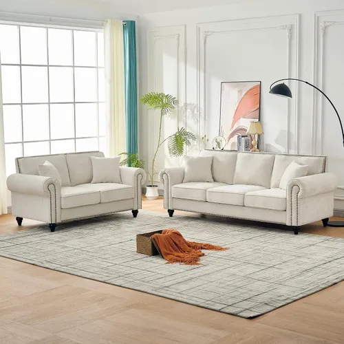Vista 16 de Juego de sofá moderno y sofá biplaza Chesterfield de chenilla de lujo, cómodo juego de sofá tapizado con asiento profundo con reposabrazos Verde