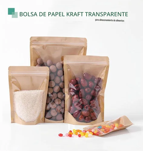 Vista 2 de 50 bolsas de papel kraft con ventana frontal transparente, bolsas resellables verticales con cierre hermético, bolsas de almacenamiento