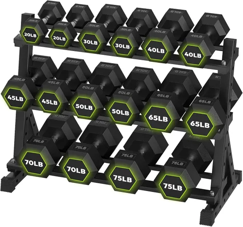 Vista 12 de HANDBODE Dumbbell Set with Rack, Rubber Coated Fixed Dumbbells 360-790 lbs Heavy Duty Hexagonal Weights, Non-Roll Hexagon Shape for Stability