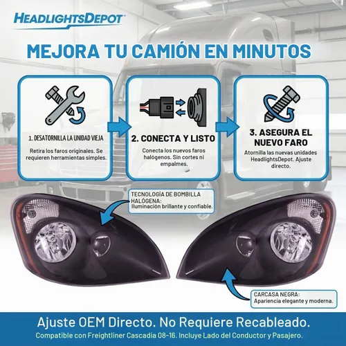 Vista 4 de HEADLIGHTSDEPOT Faros delanteros halógenos de carcasa negra compatibles con Freightliner Cascadia 2008-2016, incluye faros delanteros izquierdo