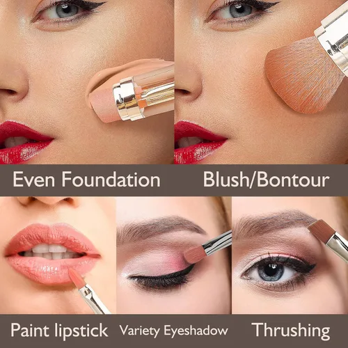 Vista 2 de Juego de brochas de maquillaje 5 en 1 de viaje, mini brocha de maquillaje de doble extremo, pluma, base, corrector de polvo, rubor, brochas