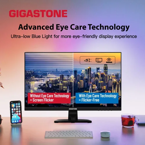 Vista 4 de Gigastone Monitor de luz trasera LED IPS de 24 pulgadas 100Hz FHD 1920 x 1080, 178° WideView, sin marco, monitor dual, MPRT 1ms, altavoces