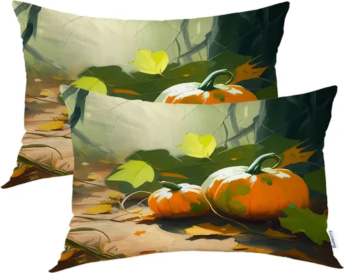 Vista 148 de Batmerry Autumn Pumpkin Templeton Throw Pillow Covers, Green Leaves Paths Forests Decorative Pillow Covers Digital Printing Blended for Couch Sofa