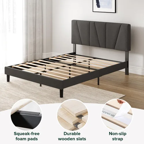 Vista 5 de Zinus - Base de cama Maya tapizada tamaño Full con cabecero asimétrico, listones de madera duraderos, estructura resistente, sueño sin ruido,