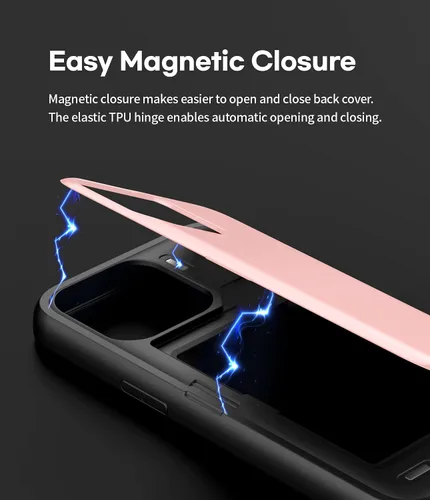 Vista 4 de GOOSPERY Parachoques magnético para puerta compatible con iPhone 13 Pro, tarjetero tipo cartera, cierre automático, protección de doble capa Rosa