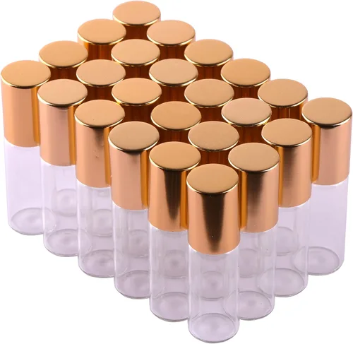 Vista 11 de MaxMau Paquete de 24 Botellas de Vidrio Ámbar de 5ml para Aceites Esenciales, Botella Roll-on con Bolas Rodantes de Acero Inoxidable, Tapas Pintadas