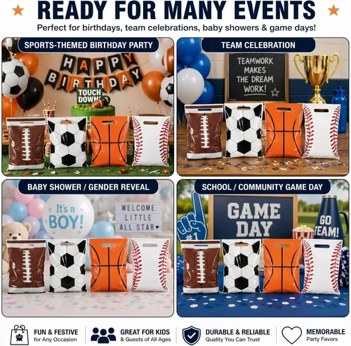 Vista 6 de Funrous 24 Pcs Football Sports Party Favor Bags Soccer Candy Gift Plastic Goodie Treat Bags Bulk with Handles for Baseball Basketball Theme Event