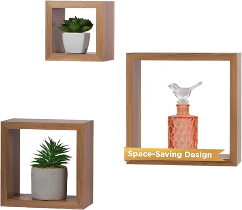 Vista 15 de Kiera Grace Juego de tres estantes flotantes cuadrados de madera de diseño rústico y atemporal Cubbi para el hogar, habitación y oficina, 5, 7 y 9