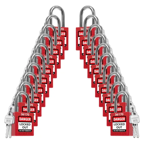 Vista 16 de TRADESAFE Juego de cerraduras de bloqueo - 7 candados iguales con llave roja, 2 llaves por cerradura, cerraduras Loto compatibles con OSHA