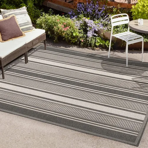 Vista 3 de JONATHAN Y Haynes - Alfombra moderna de doble raya para interiores y exteriores, 8 x 10 pies, color negro y crema, para patio trasero, porche, fácil
