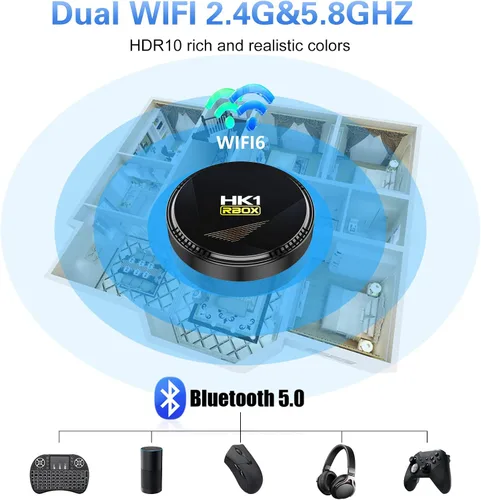 Vista 4 de HK1 Android TV Box 2026, Android 12.0 TV Box con 8K Decodificación 4GB RAM 32GB ROM Allwinner H618 Quad-Core, 2.4GHz/5.0GHz WiFi6 Bluetooth 4.0+