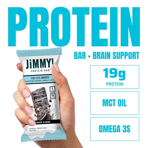 Vista 3 de JiMMY! Barras con Beneficios, Barra de Proteína, Cookies 'N Cream, 12 Barras, 2.05 oz (58 g) Cada Una