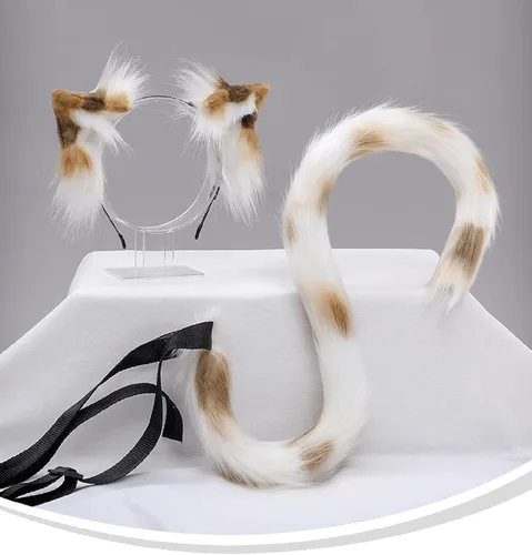 Vista 3 de Fxaelian Juego de 2 diademas largas de cola y orejas de gato para cosplay, accesorios de disfraz