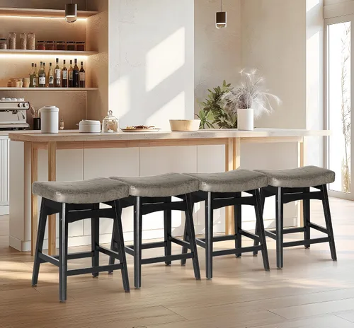 Vista 14 de Taburete de bar gris de madera maciza para encimera de cocina, taburete de bar con asiento de cuero sintético, taburete tapizado para isla de 34 a