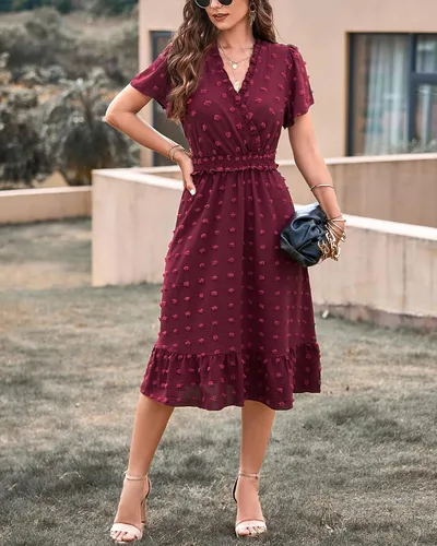 Vista 3 de BTFBM Elegante vestido de verano de manga corta con cuello en V y lunares suizos para mujer, vestido largo bohemio con volantes, vestido de cóctel