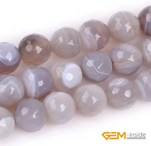 Vista 4 de GEM-Inside - Cuentas sueltas de ágata gris con banda para hacer joyas, redondas de 0.394 in, facetadas de 15 pulgadas