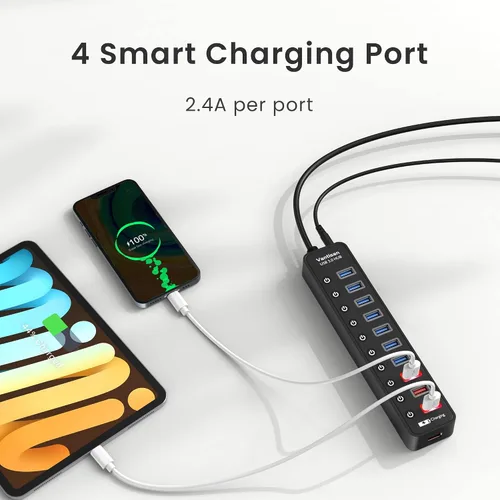 Vista 5 de vantisan Concentrador USB 3.0 alimentado, extensión divisor de concentrador USB de 11 puertos, 7 puertos de datos USB 3.0 + 4 puertos de carga